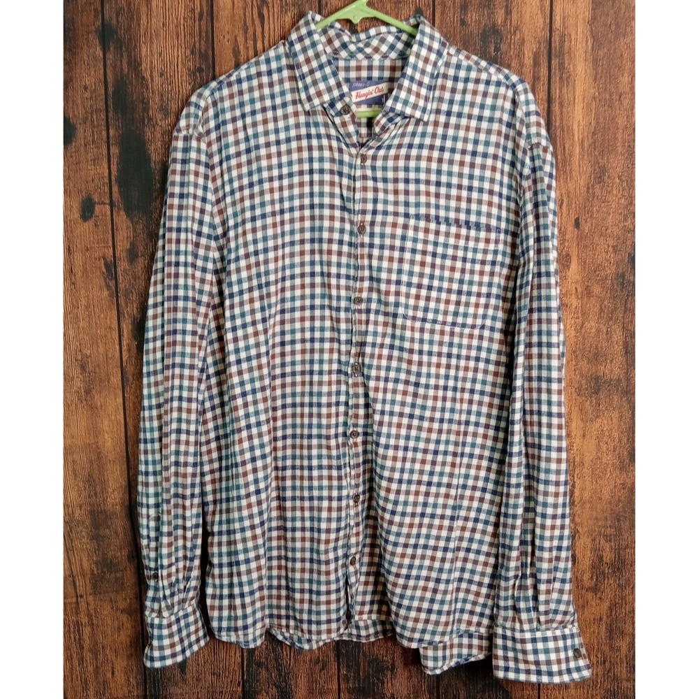 Johnnie-O Hangin Out Mens XL Button Down Shirt Plaid Gingham Cotton Blue Brown